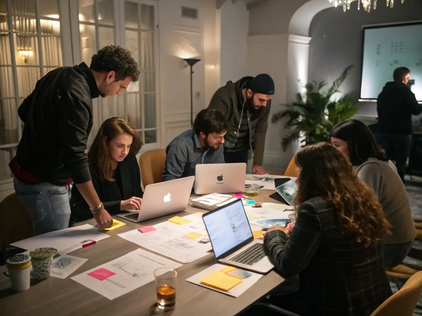 A photograph showing a team of event planners collaborating and discussing event details in a modern office setting. The image should convey a sense of teamwork and expertise.