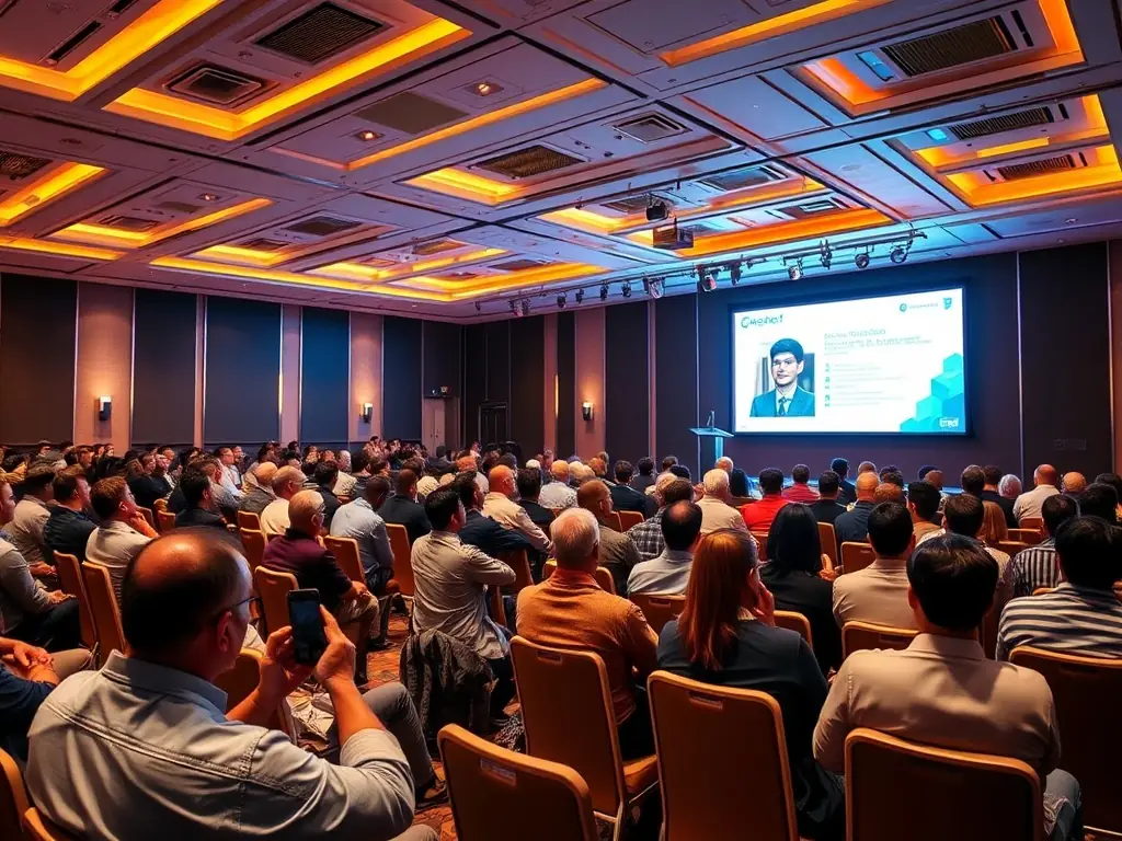 A photograph depicting a large corporate conference in full swing, with attendees actively participating in a session. The image should convey a sense of professionalism and engagement.