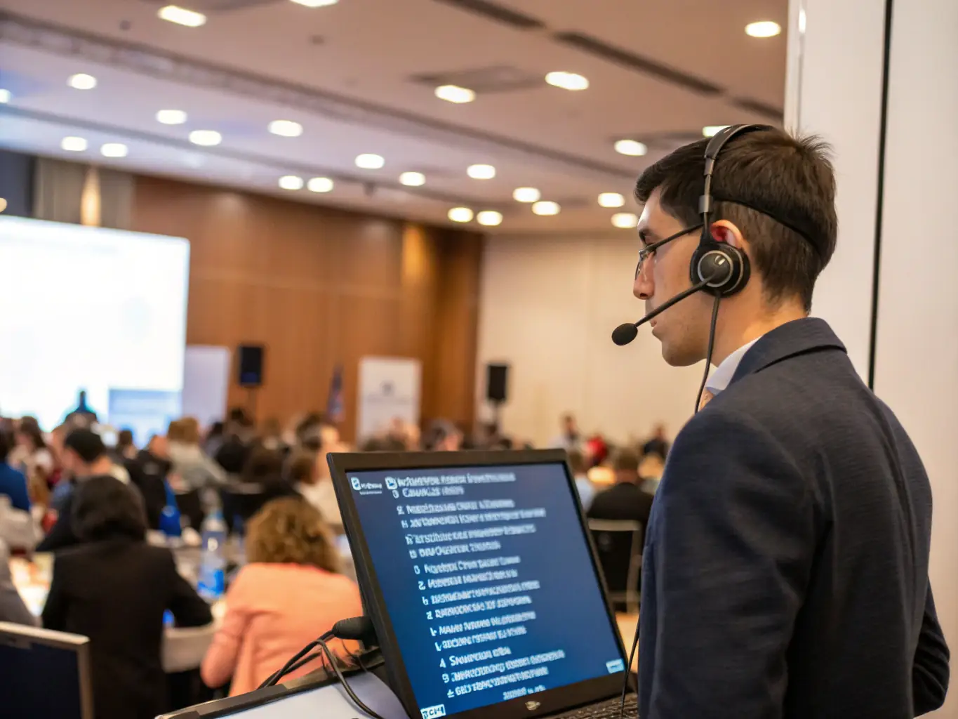 A photograph featuring simultaneous translators working in booths at an international conference. The image should convey a sense of professionalism and linguistic expertise.
